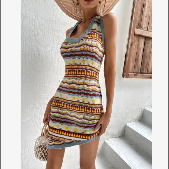 Boho Stripe Chevron Color Block Fitted Halter Knit Dress - Picture 3 of 5